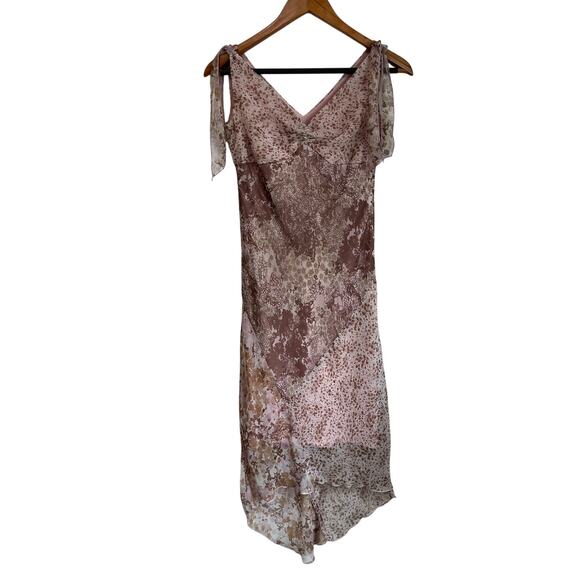 B Moss Vintage Y2K Floral Tan & Pink Asymmetrical Hem Dress Sz 2 - Picture 1 of 9